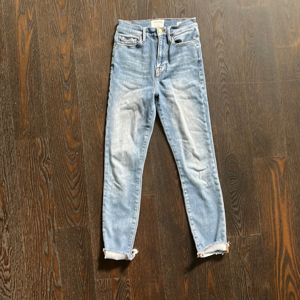 Womens Frame Denim Jeans, Ali High Rise Cigarette, Size 26, Distressed Blue